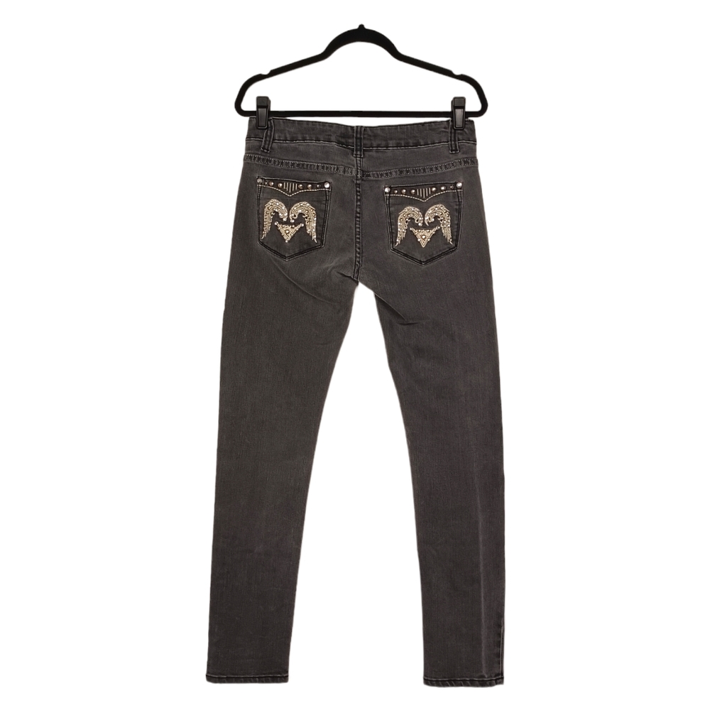 LUICE'S JEANS Gray Angel Wing Embroidered Studded Skinny Faded Black Jeans 11